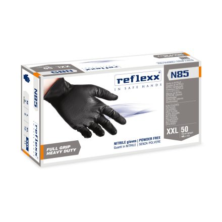 Reflexx N85 Full Grip púdermentes nitril kesztyű, fekete, 50db/cs-XXL